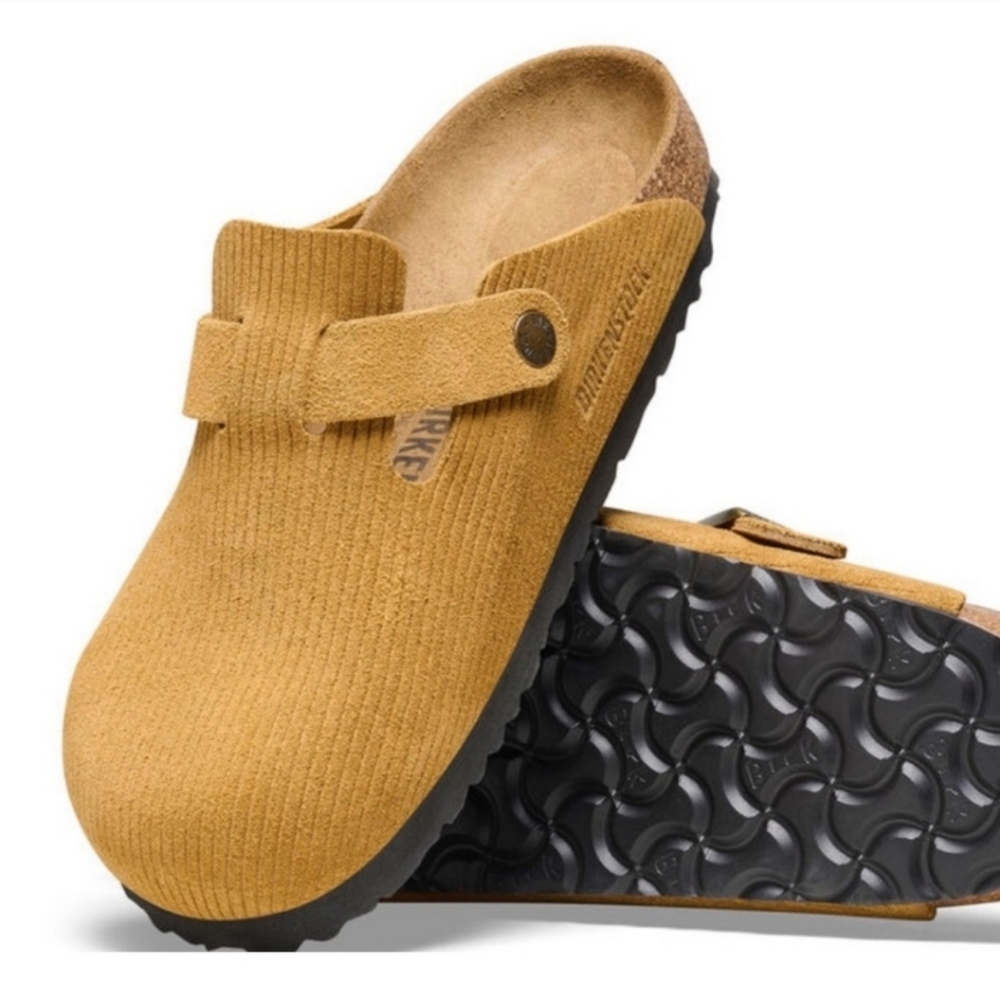 Birkenstock- New Boston Suede Embossed Mustard clogs